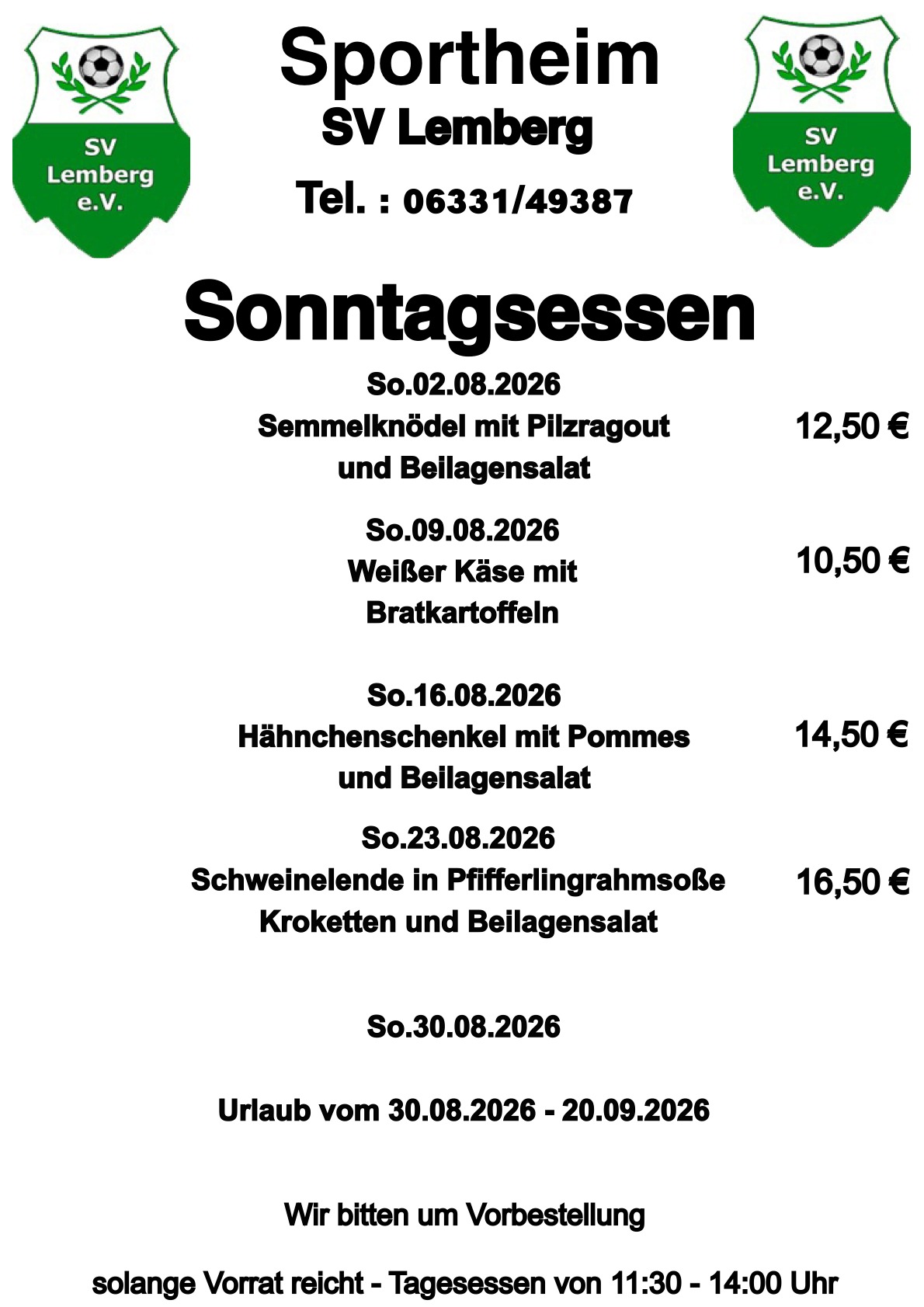 Aktuelle Sonntagsmenüs Sportheim SV Lemberg – vollständige Speisekarte